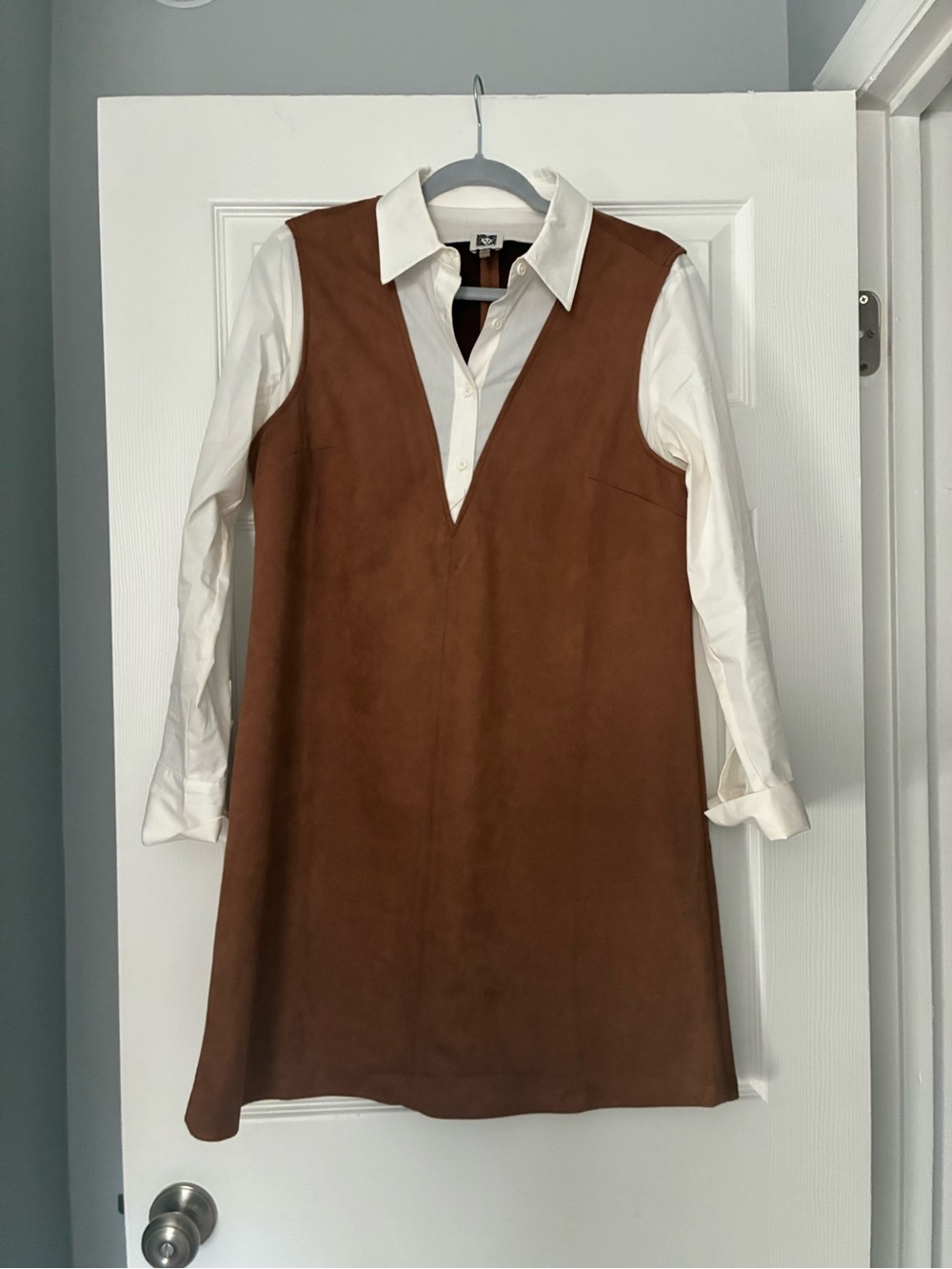 Anne Klein Brown Suede-Look V-Neck Pinafore Dress with White Shirt Layer, size 8